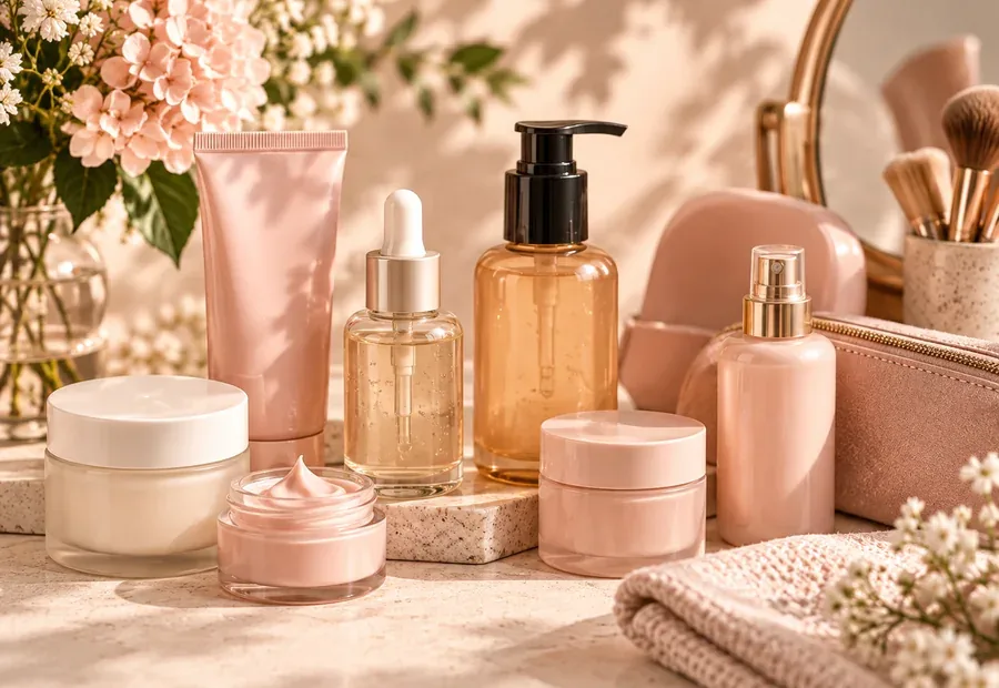 Productos de skincare en tonos rosados