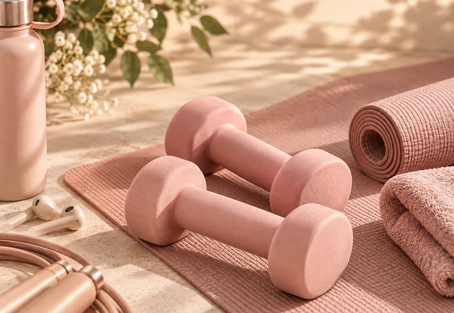 Mancuernas y accesorios fitness en rosa