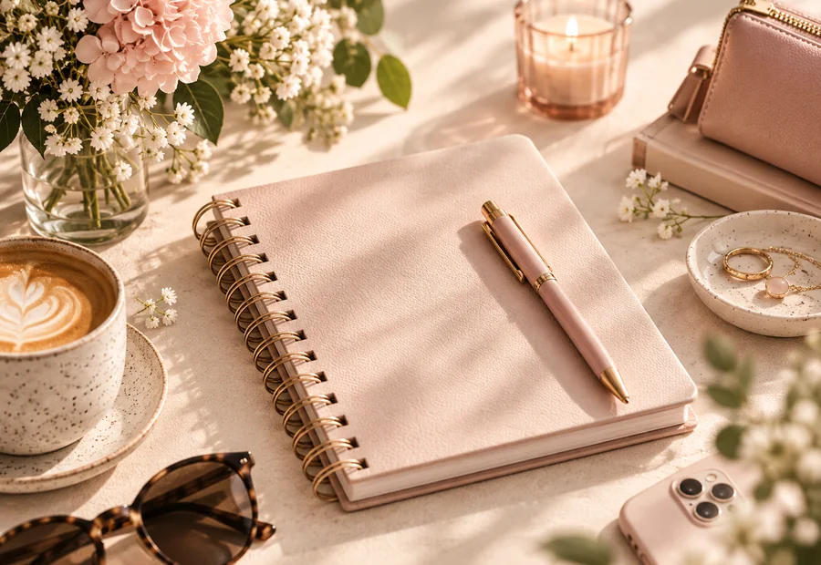 Agenda y escritorio en tonos rosados