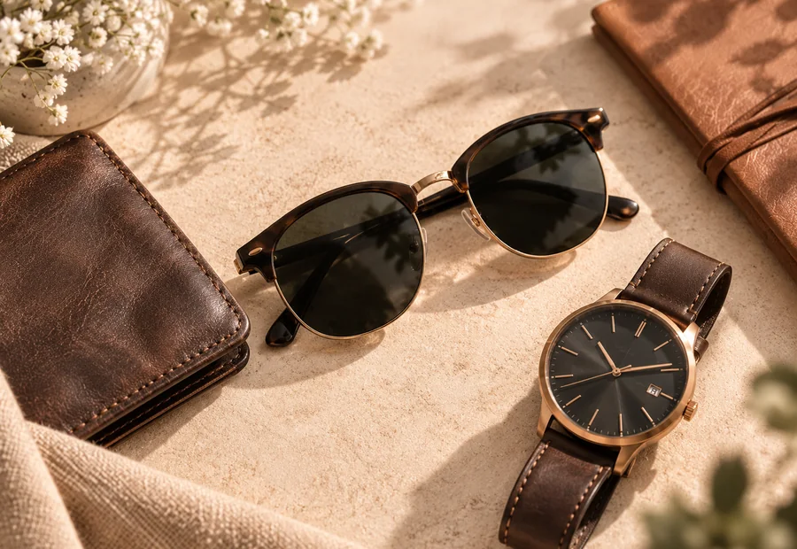 Reloj, cartera y gafas de sol masculinas